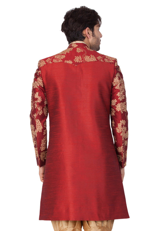 Vastramay Men's Maroon Silk Blend Sherwani Only Top