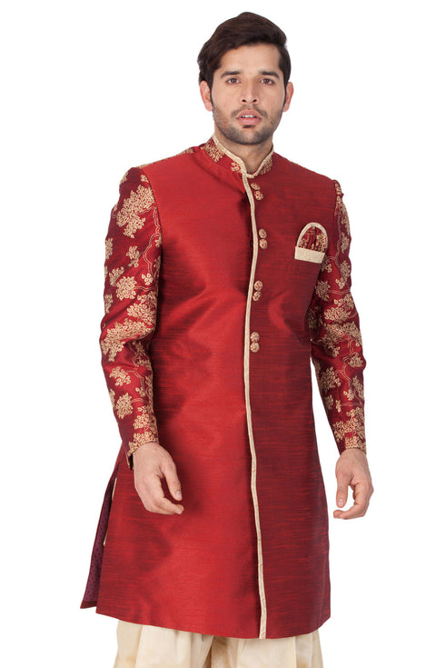 Vastramay Men's Maroon Silk Blend Sherwani Only Top