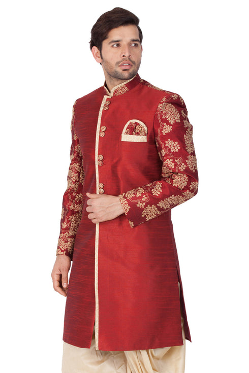 Vastramay Men's Maroon Silk Blend Sherwani Only Top
