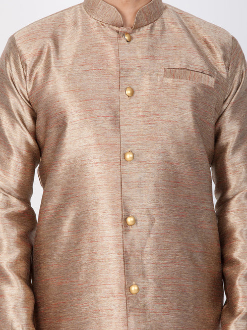 VASTRAMAY Men's Gold Cotton Silk Blend Sherwani Set