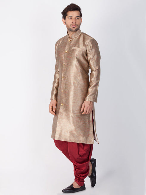 VASTRAMAY Men's Gold Cotton Silk Blend Sherwani Set