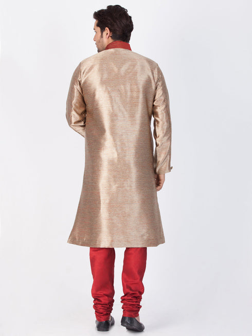 VASTRAMAY Men's Gold Cotton Silk Blend Sherwani Set