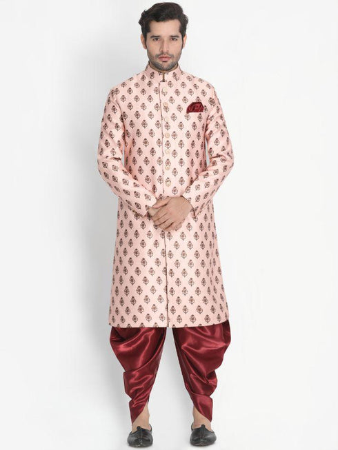 Vastramay Men's Pink Cotton Satin Blend Sherwani Set