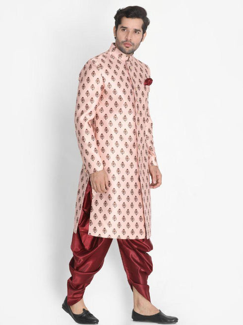 Vastramay Men's Pink Cotton Satin Blend Sherwani Set