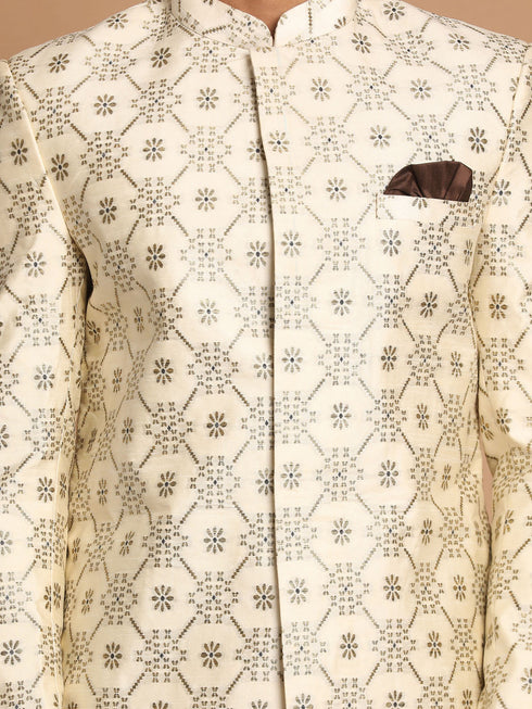 Vastramay Men's Beige Color Silk Blend Sherwani Top