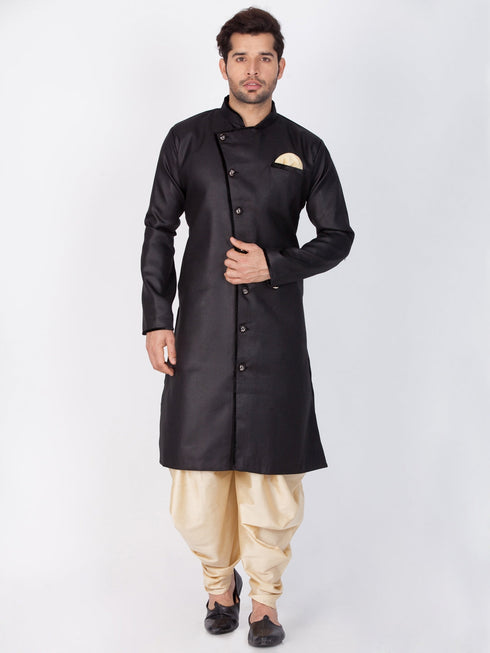 Vastramay Men's Black Cotton Blend Sherwani Only Top