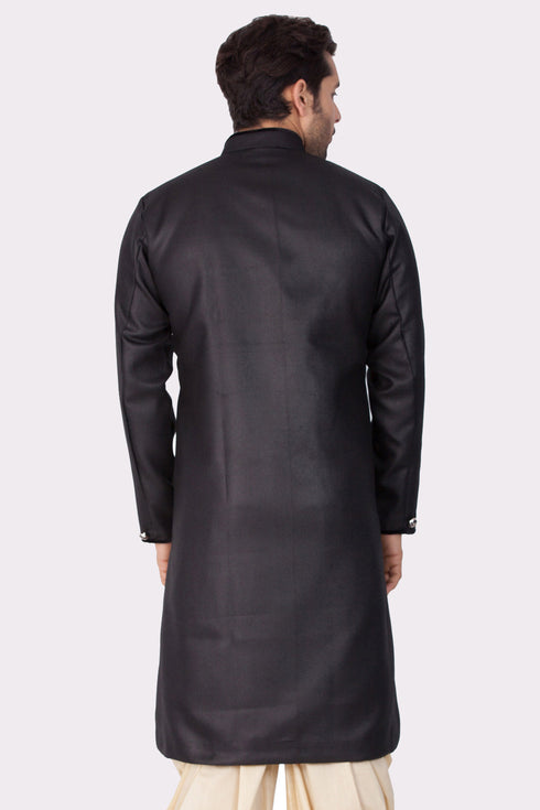 Vastramay Men's Black Cotton Blend Sherwani Only Top