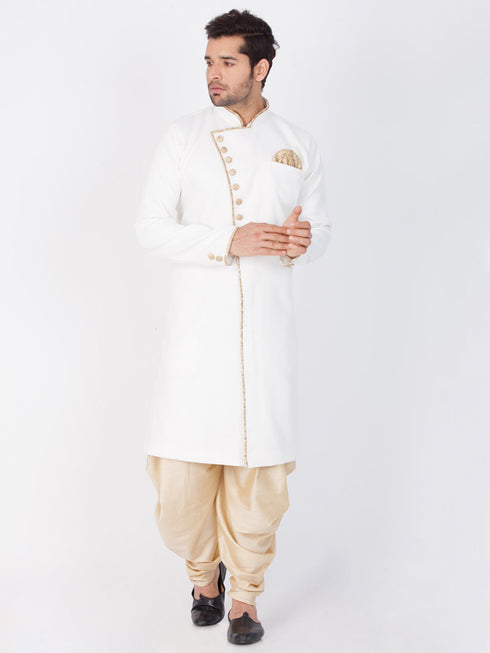 Vastramay Men's White And Gold Cotton Blend Sherwani Set