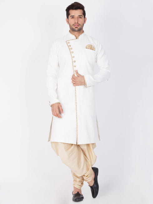 Vastramay Cotton Blend White and Gold Baap Beta Sherwani Set
