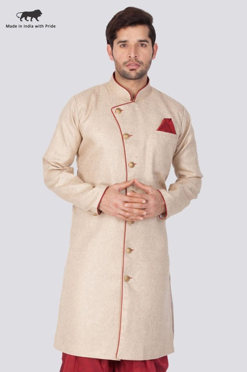 Vastramay Men's Beige Cotton Blend Sherwani Only Top