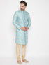 Vastramay Men's Sea Green And Gold Brocade Jacquard Sherwani Set
