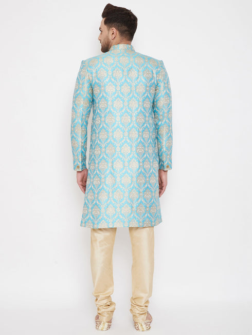 Vastramay Men's Sea Green And Gold Brocade Jacquard Sherwani Set