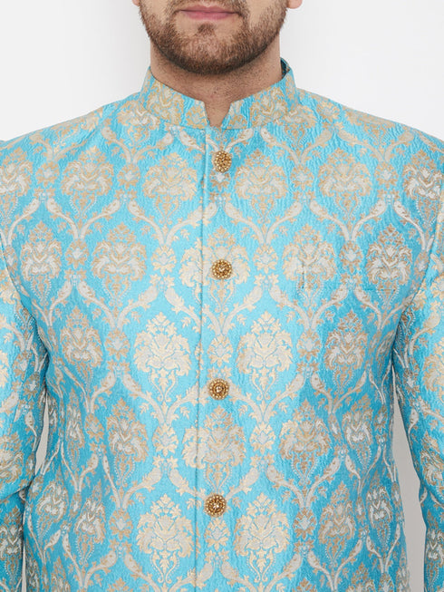 Vastramay Men's Sea Green And Gold Brocade Jacquard Sherwani Set