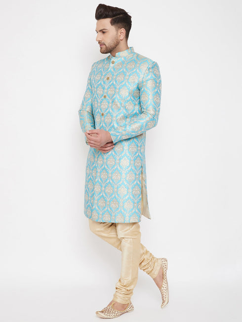 Vastramay Men's Sea Green And Gold Brocade Jacquard Sherwani Set
