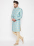 Vastramay Men's Sea Green And Gold Brocade Jacquard Sherwani Set