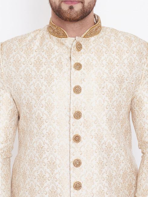 Vastramay Men's Beige And Gold Embroidered Brocade Sherwani Set