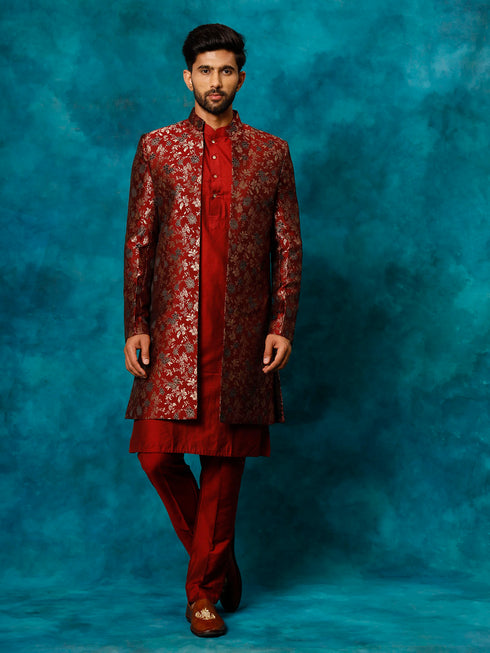 Vastramay Men's Red Jacquard Indo Western With Maroon Viscose Kurta Pant Set