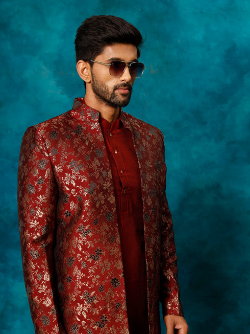 Vastramay Men's Red Jacquard Indo Western With Maroon Viscose Kurta Pant Set