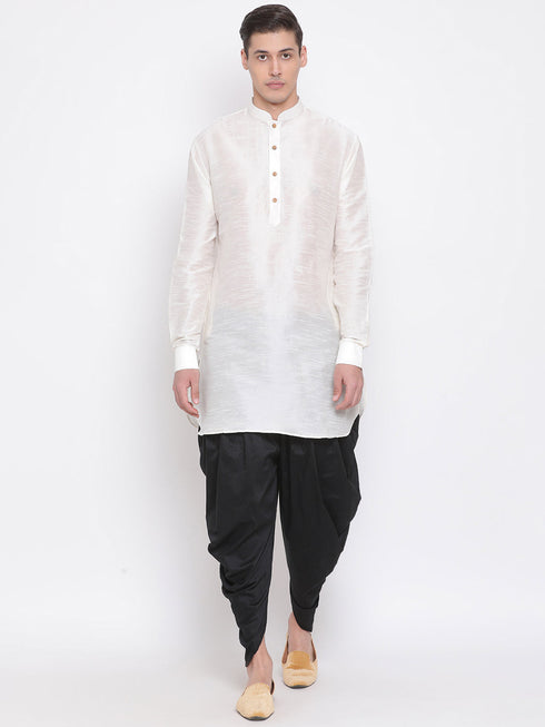 Vastramay Men's Cream Silk Blend Curved Kurta Dhoti Set