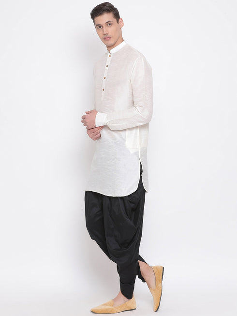 Vastramay Men's Cream Silk Blend Curved Kurta Dhoti Set