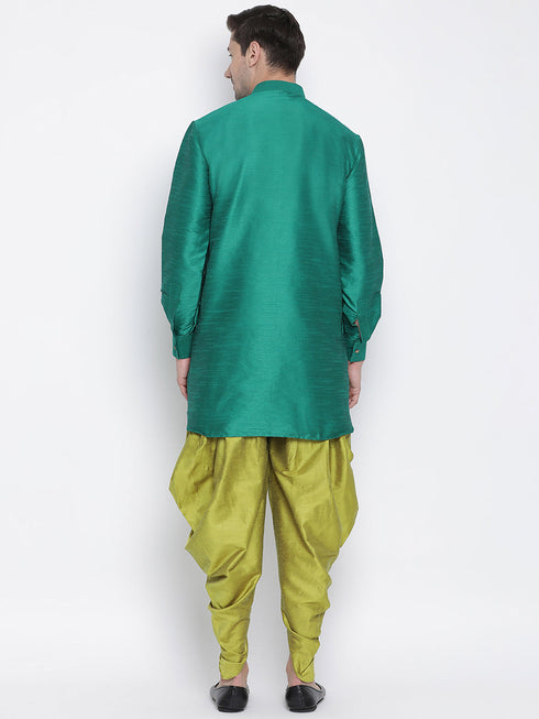 Vastramay Vastramay Men's Green Silk Blend Curved Kurta Dhoti Set