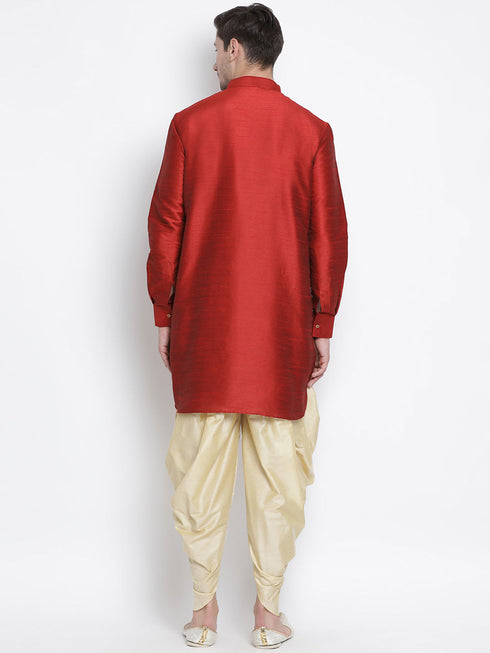Vastramay Vastramay Men's Maroon Silk Blend Curved Kurta Dhoti Set