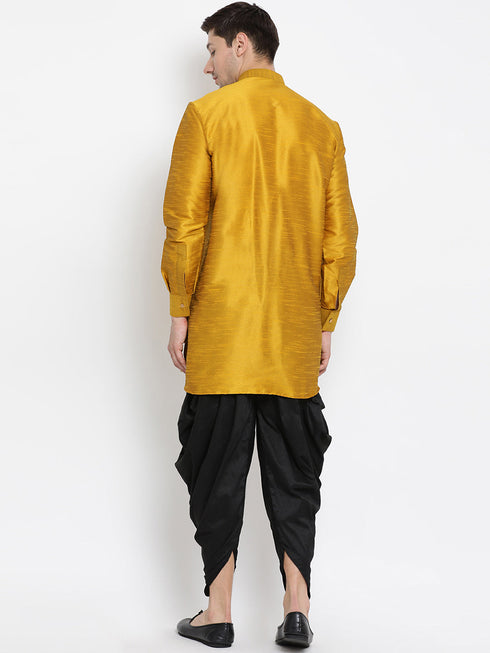 Vastramay Vastramay Men's Mustard Silk Blend Curved Kurta Dhoti Set