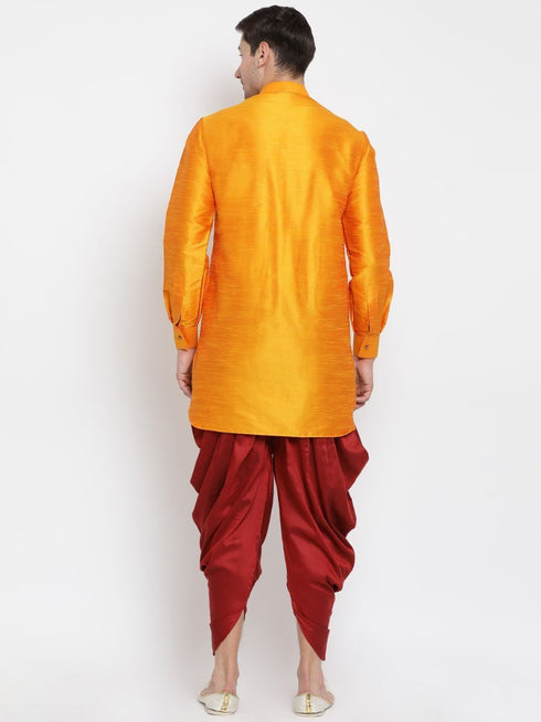 Vastramay Vastramay Men's Orange Silk Blend Curved Kurta Dhoti Set