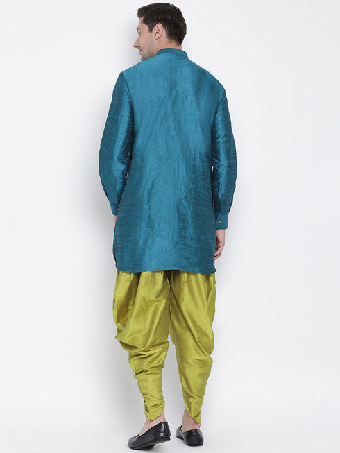 Vastramay Vastramay Men's Turquoise Silk Blend Curved Kurta Dhoti Set