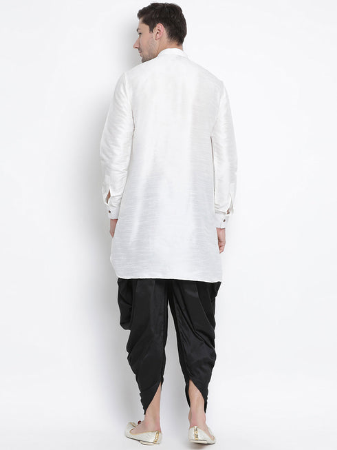 Vastramay Vastramay Men's White Silk Blend Curved Kurta Dhoti Set