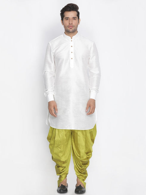 Vastramay Men's White Silk Blend Curved Kurta Dhoti Set