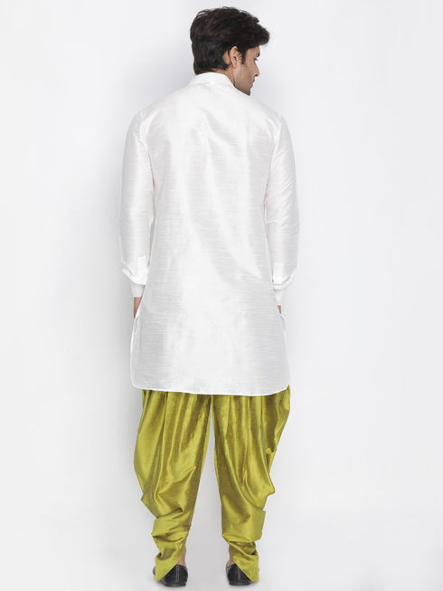 Vastramay Men's White Silk Blend Curved Kurta Dhoti Set