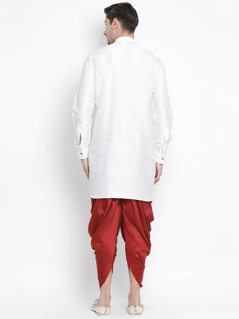 Vastramay Vastramay Men's White Silk Blend Curved Kurta Dhoti Set