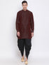Vastramay Men's Burgundy Silk Blend Curved Kurta Dhoti Set