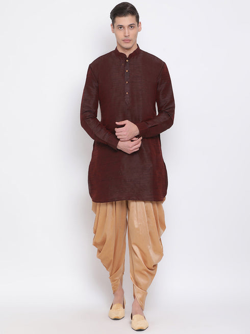 Vastramay Men's Burgundy Silk Blend Curved Kurta Dhoti Set