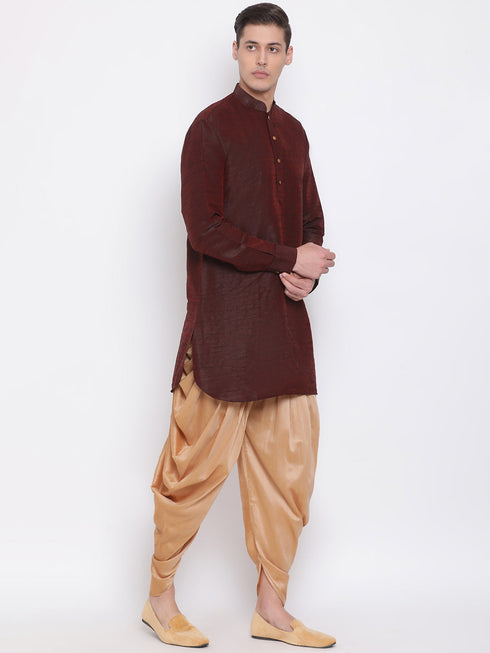 Vastramay Men's Burgundy Silk Blend Curved Kurta Dhoti Set