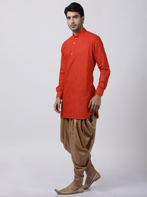 Vastramay Men's Red Cotton Blend Kurta and Dhoti Pant Set