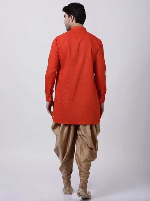 Vastramay Men's Red Cotton Blend Kurta and Dhoti Pant Set