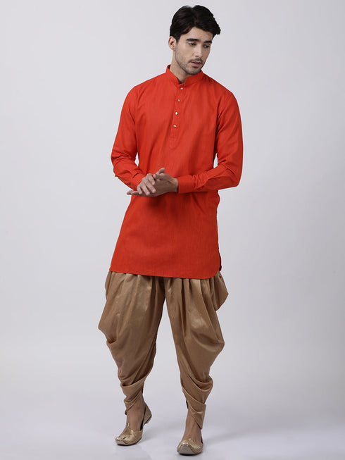 Vastramay Men's Red Cotton Blend Kurta and Dhoti Pant Set
