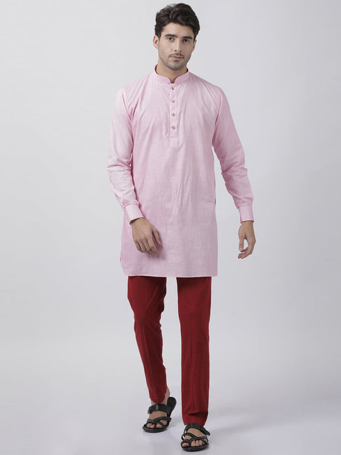 Vastramay Men's Pink Cotton Linen Blend Kurta