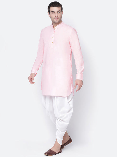 Vastramay Men's Pink And White Cotton Blend Dhoti Kurta Set