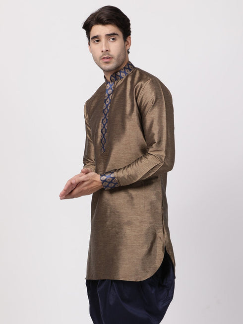 Vastramay Vastramay Men's Bronze And Navy Blue Silk Blend Kurta