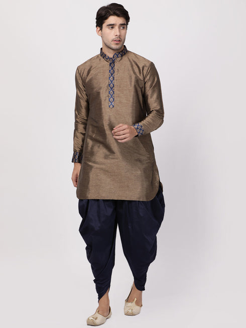 Vastramay Vastramay Men's Bronze And Navy Blue Silk Blend Kurta