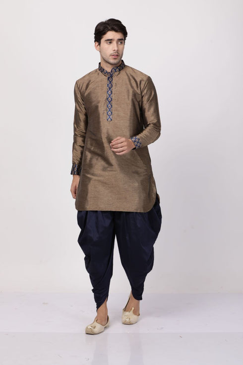 Vastramay Men's Bronze And Navy Blue Silk Blend Kurta and Dhoti Pant Set