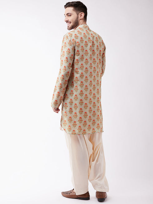 Vastramay Men's Multicolor-Base-Beige And Cream Muslin Cotton Kurta and Patiala Set