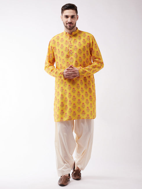 Vastramay Men's Multicolor-Base-Mustard And Cream Muslin Cotton Kurta and Patiala Set