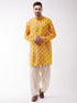 Vastramay Men's Multicolor-Base-Mustard And Cream Muslin Cotton Kurta and Patiala Set