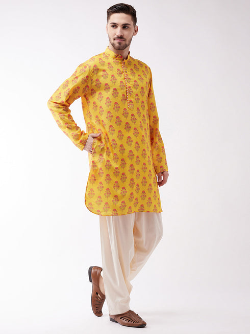 Vastramay Men's Multicolor-Base-Mustard And Cream Muslin Cotton Kurta and Patiala Set