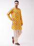 Vastramay Men's Multicolor-Base-Mustard And Cream Muslin Cotton Kurta and Patiala Set