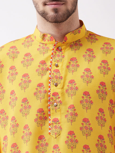 Vastramay Men's Multicolor-Base-Mustard And Cream Muslin Cotton Kurta and Patiala Set